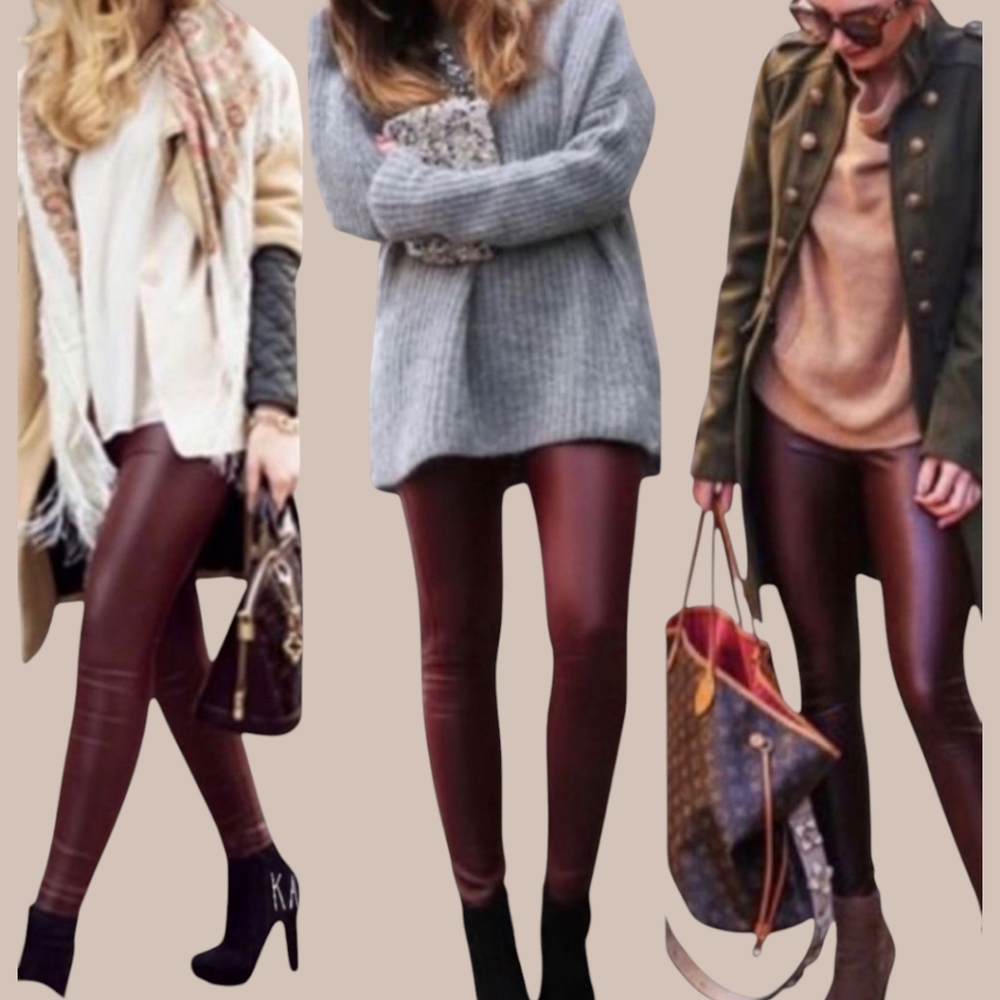 New Mix Burgundy Leather Look Leggings L/XL High Waist Stretch Pull On NWT